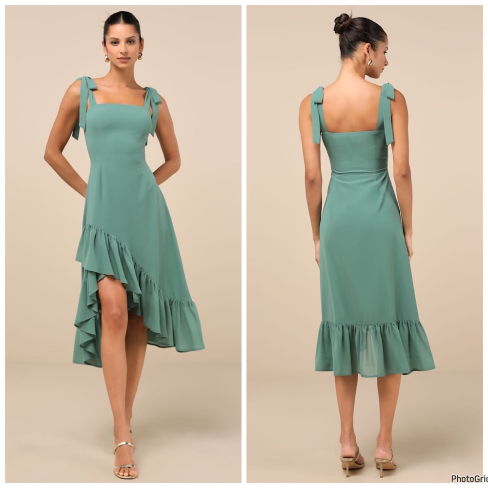 NWOT Lulu’s Tamryn Dark Sage Asymmetrical Ruffle Dress S $69 Small‎